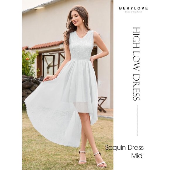 BeryLove Women Tulle Sequin White Chiffon Scoop Neck Sleeveless Cocktail Dresses - Picture 4 of 7
